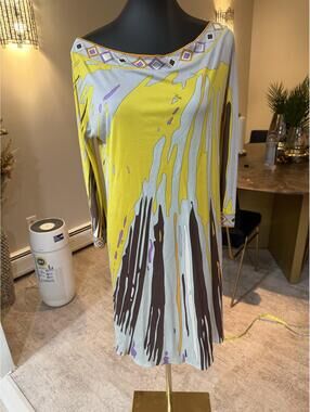 Vintage Emilio Pucci Yellow Brown White Swirl Printed Dress rare print size US 6